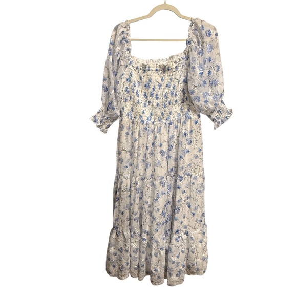 Baltic Born Fabian Jacquard Midi Dress XL White Blue Floral Sheer Sleeve Tiered - Picture 4 of 14